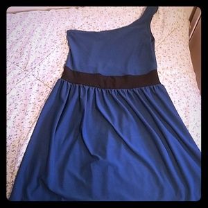 one shoulder dark blue/ turquoise dress.